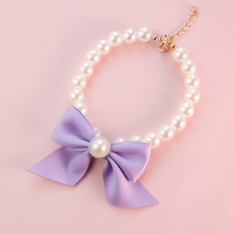 Purple Small Dog Pearl Necklace with Bow, Jewelry Dress Up Pet Decorative Dog Leash Necklace, Pet Collars Kitten Dog Bell Necklace Collars (M 25-31cm) - PawsPlanet Australia