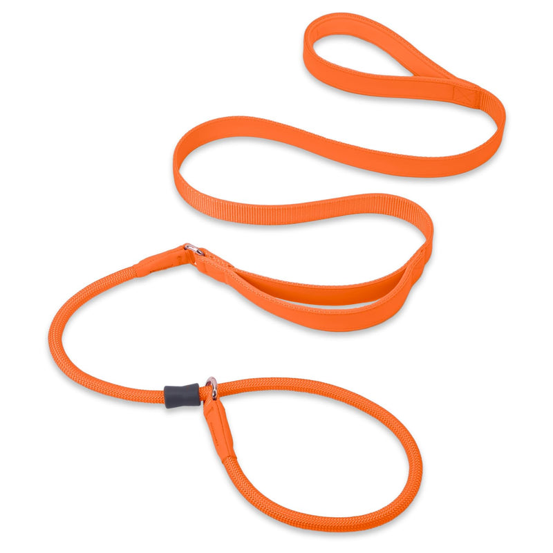 Slip Lead Dog Leash, Double Handle, Soft Leather & Nylon, 6ft Orange - PawsPlanet Australia
