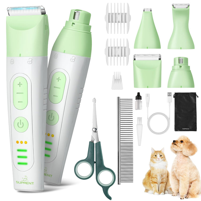 SUPRENT Dog Grooming Kit, 4 in 1 Quiet Pet Clippers for Grooming Supplies, Cordless Cat Paw Trimmer Dog Nail Grinder, Professional Long Hair Shaver Set for Cat Matted Hair and Small Dogs Thick Coats Green - PawsPlanet Australia