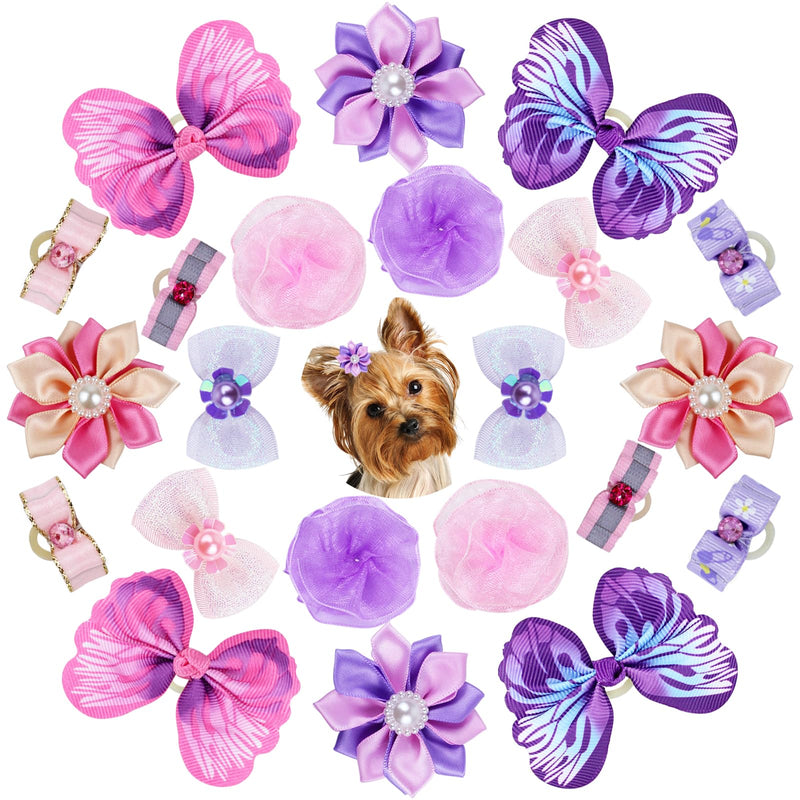 22 Pieces Cute Dog Hair Bows with Elastic Rubber Bands, Small Puppy Hair Accessories with Butterfly Flower Pearls Double Bow for Pets Dogs Cats Hair Grooming (Purple and Pink) - PawsPlanet Australia