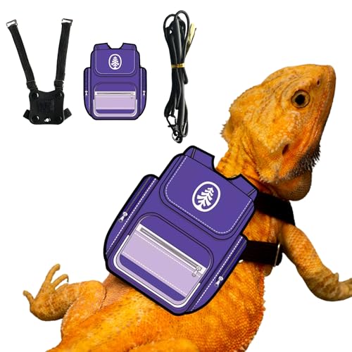 Bearded Dragon Harness Leash Soft Leather Harness with Backpack Patch Adjustable Strap Outside Walk Training Leash for Reptile Lizard Amphibians (Purple) Purple - PawsPlanet Australia