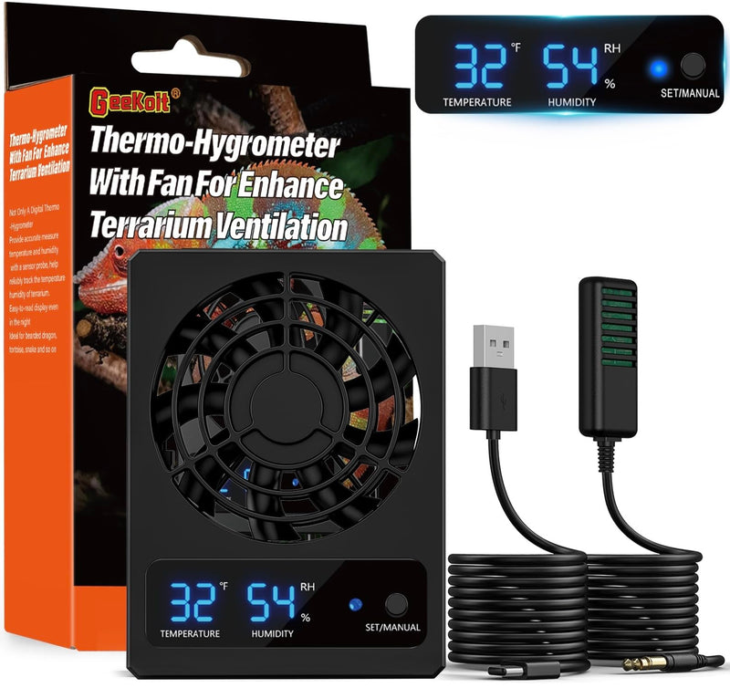 Reptile Terrarium Thermometer Hygrometer with Terrarium Ventilation Fan for Pet Rearing Box Reptile Tank LED Digital Reptile Thermometer and Humidity Gauge for Snake Bearded Dragon Gecko Frog - PawsPlanet Australia