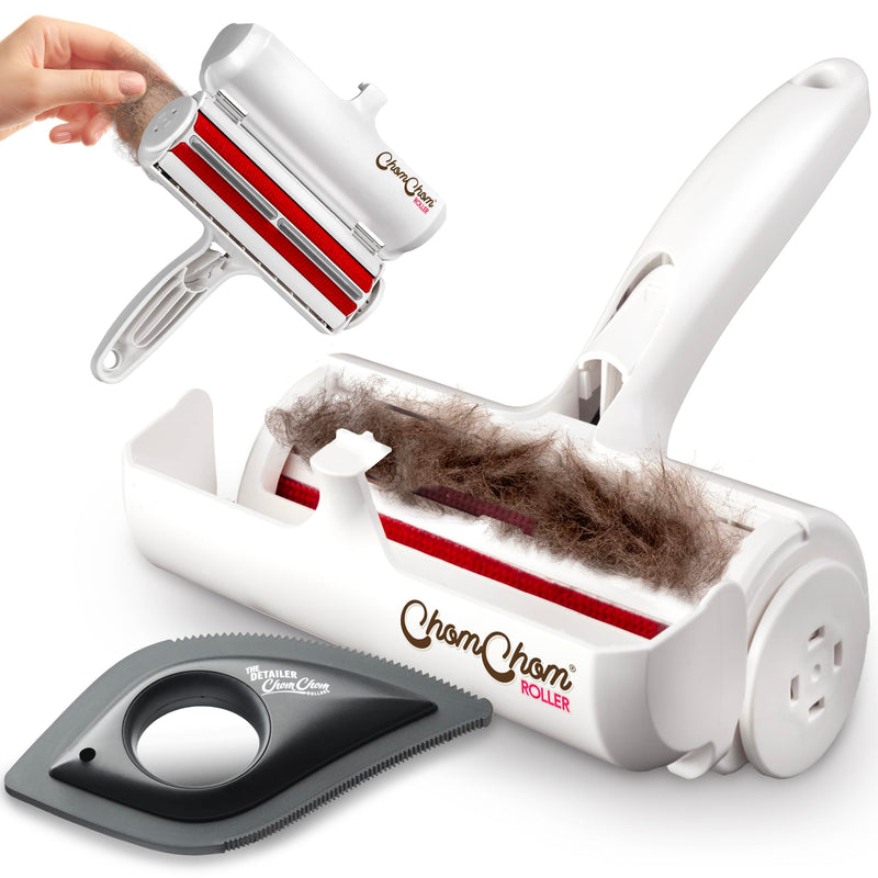 ChomChom Roller & Detailer Bundle - Pet Hair Remover and Reusable Lint Roller - ChomChom Cat and Dog Hair Remover for Furniture, Couch, Carpet, Clothing and Bedding - Multi-Surface Fur Removal Tool Black Detailer - PawsPlanet Australia