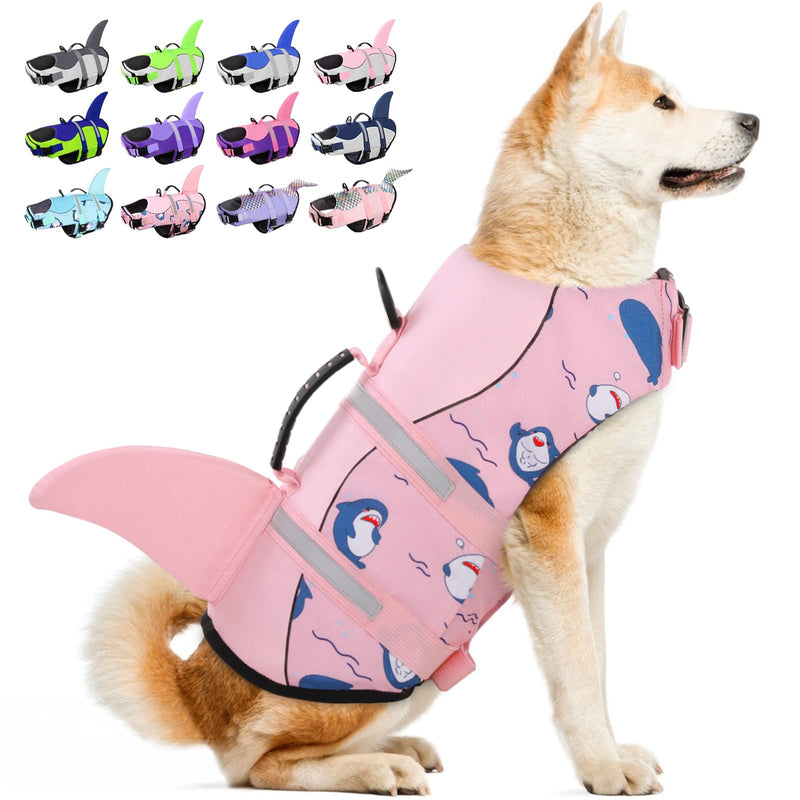 Dog Life Jacket, Large Dog Life Vest for Swimming Boating, Shark Life Jackets for Small Medium Large Dogs, Reflective Dog Lifesaver Life Preserver Swimsuit with Rescue Handle and High Buoyancy X-Large Pink Dophin Shark - PawsPlanet Australia