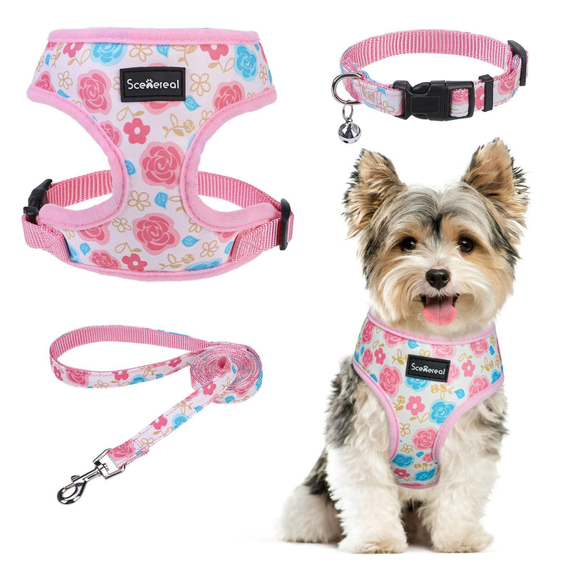 SCENEREAL Small Dog Harness Collar and Leash Set, Adjustable No Pull Pet Harnesses, No Chock Soft Mesh Step in Vest for Doggie Puppy Medium Dogs Cats Girl or Boy,Chihuahua, Yorkie, Outdoor Walking Pink-Floral (With Collar) S: Chest Girth: 14"-18" - PawsPlanet Australia