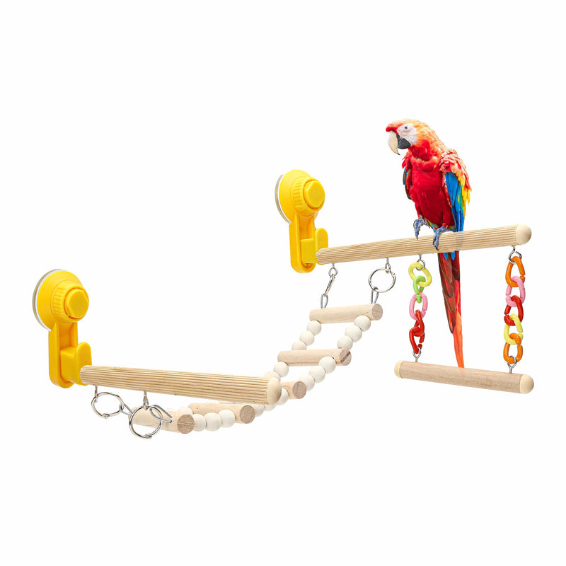 Wood Window Bird Perch Toy with Suction Cup, Climbing Ramp Ladder Platform, Enrichment Accessories Stuff for Parrot, Parakeet, Budgie, Cockatiel, Finches to Playstand Bath Car, Love Travel Inside Cage - PawsPlanet Australia