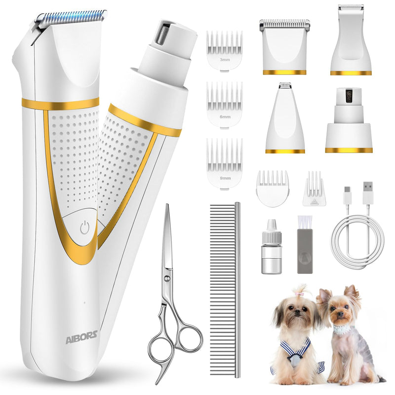 Small Dog Grooming Kit, 4 in 1 Electric Cordless Dog Paw Trimmer with Nail Grinder, Low Noise Dog Nail Trimmers, IPX7 Waterproof Small Dog Grooming Clippers for Paws, Ears, Face, Hip Hairl A-white - PawsPlanet Australia