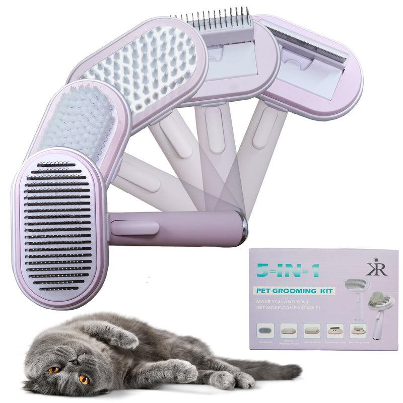 Kir Cat Brush with Release Button, Cat Comb with 5 heads, Pet Hair Remover, Cat Brushes for Indoor Cats Shedding, Pet Massaging Tool Suitable for Pets with Long or Short Hair (pink) pink - PawsPlanet Australia