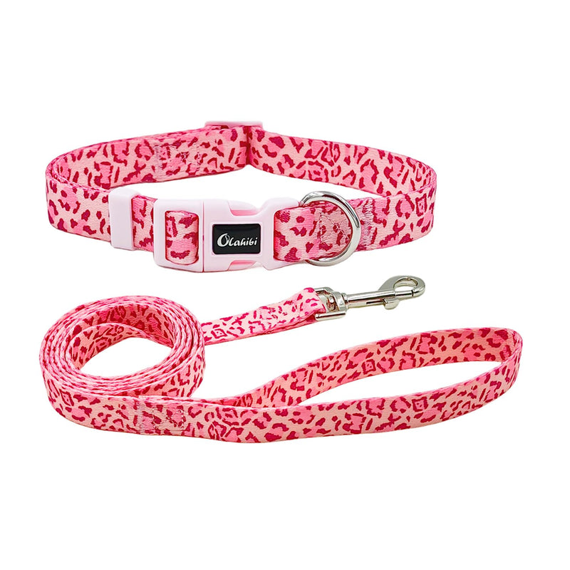 Dog Collar Leash Set, Leopard Pattern, Polyester Material, Adjustable Collar and 5ft Matching Leash, for Small Dogs.(S, Pink Leopard) Leopard Pink - PawsPlanet Australia