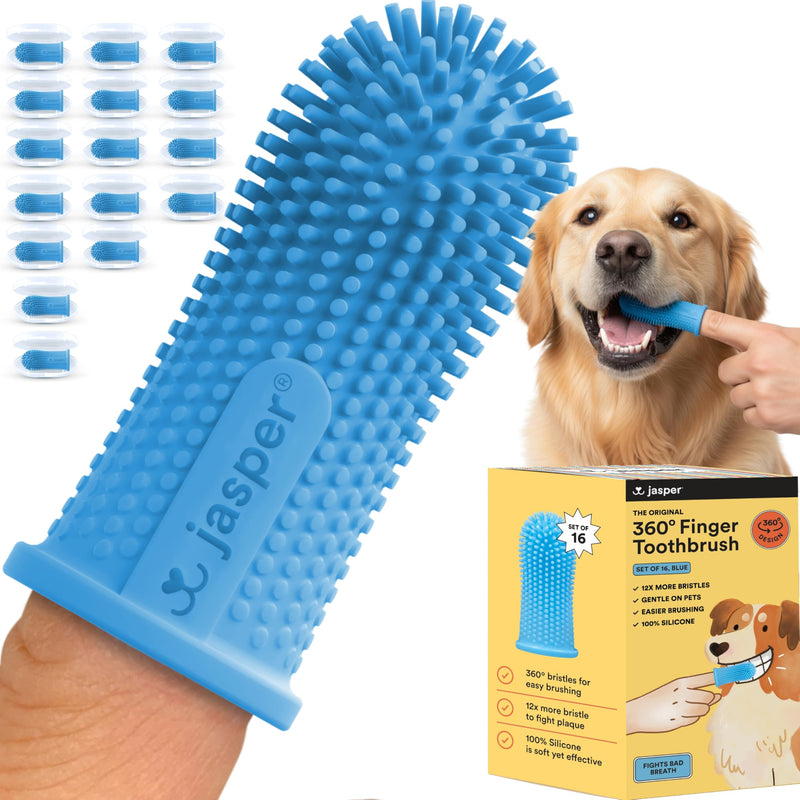 Jasper Dog Toothbrush, 360 Degree Pet Tooth Brushing Kit, Cat Toothbrush, Canine Dental Care & Teeth Cleaning Kit, Pet Finger Tooth Brush, Use with Dog Toothpaste, 16-Pack Blue Blue (16pack) - PawsPlanet Australia