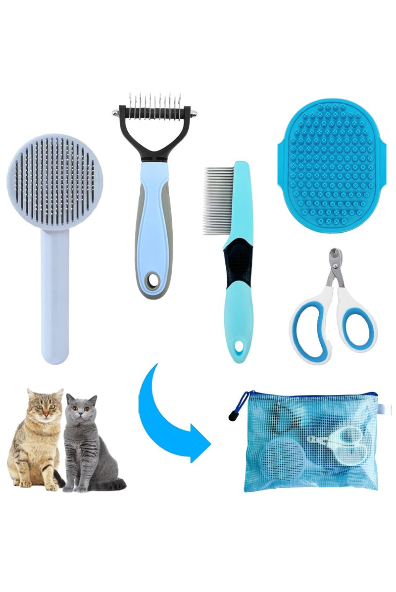 Grooming Brush Kit - 5pcs for Shedding & Matted Fur, Self-Cleaning with Flea Comb for Indoor Long-Haired Cats, Blue Blue Long - PawsPlanet Australia