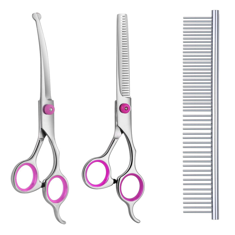 Maxshop Dog Grooming Scissors with Safety Round Tips, Heavy Duty Titanium Pet Grooming Trimmer Kit, Professional Thinning Shears, Curved Scissors with Comb for Dogs and Cats (Pink Set of 3) Pink Set of 3 - PawsPlanet Australia
