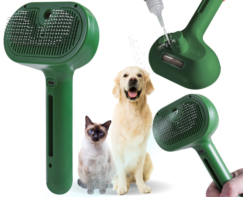 Cat/Dog Deshedding Brush with Water Spray and Steamer - Grooming Tool for Shedding Hair Removal (Christmas Green) Christmas Green - PawsPlanet Australia