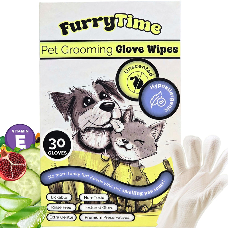 FURRYTIME Pet Cleaning Glove Wipes for Dogs & Cats, 30 Gloves, Hypoallergenic Pet Wipes Disposable No-Rinse Grooming, Extra Thick Bathing Wipes, Pet Dry Cleaning Paws, Coat, Ears, Eye Area, Butt - PawsPlanet Australia