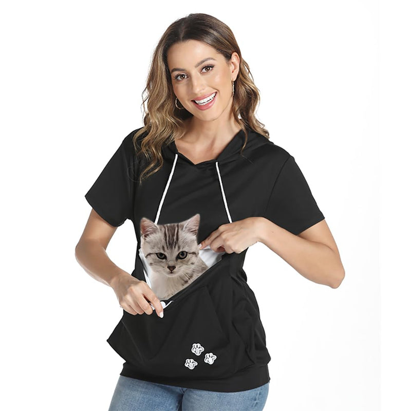 Women Big Pouch Shirt Pet Holder Pocket Top Short Sleeve Solid Color T-Shirt Large-X-Large Black - PawsPlanet Australia