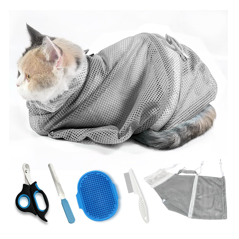 Adjustable Multifunctional Anti-Bite Shower net Bag，Cat Grooming Mesh Bag, Cat Bathing Bag，Cat Bath Brush and Cat Nail Clipper Grey - PawsPlanet Australia