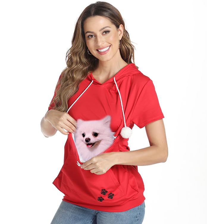 Women Big Pouch Shirt Pet Holder Pocket Top Short Sleeve Solid Color T-Shirt Red, Small-Medium - PawsPlanet Australia