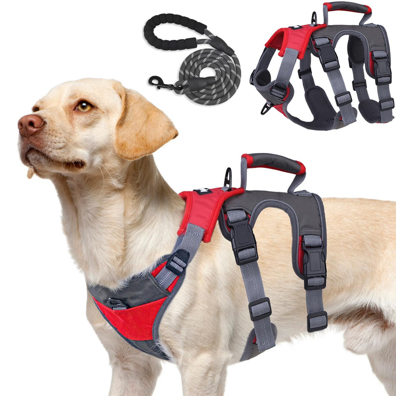 PUPTECK Escape Proof Dog Harness and Leash Set Upgraded No Pull Reflective Dog Vest with Lift Handle, Easy Control Pet Harness for Medium Large Dogs Training Walking Running Red/Grey - PawsPlanet Australia