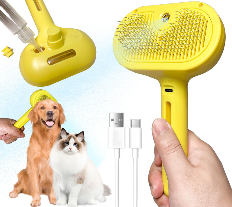 QOQ Self-Cleaning Spray Cat Brush for Shedding, Removes Static Flying Hair, and Works Wonders for Both Long and Short-Haired Pets 2 In 1 Cleaning Brush for Cats And Dogs Grooming (Yellow) Yellow - PawsPlanet Australia