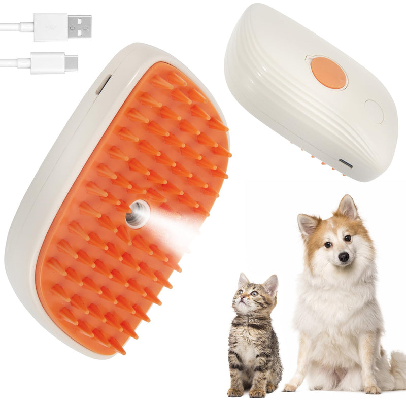 3 in 1 Steam Cat Hair Brush: Spray, Massage and Bath Cleaning for Dogs and Cats, Soft Silicone Brush for Hair Removal, Self-Cleaning Feature for Easy Use Orange & White - PawsPlanet Australia