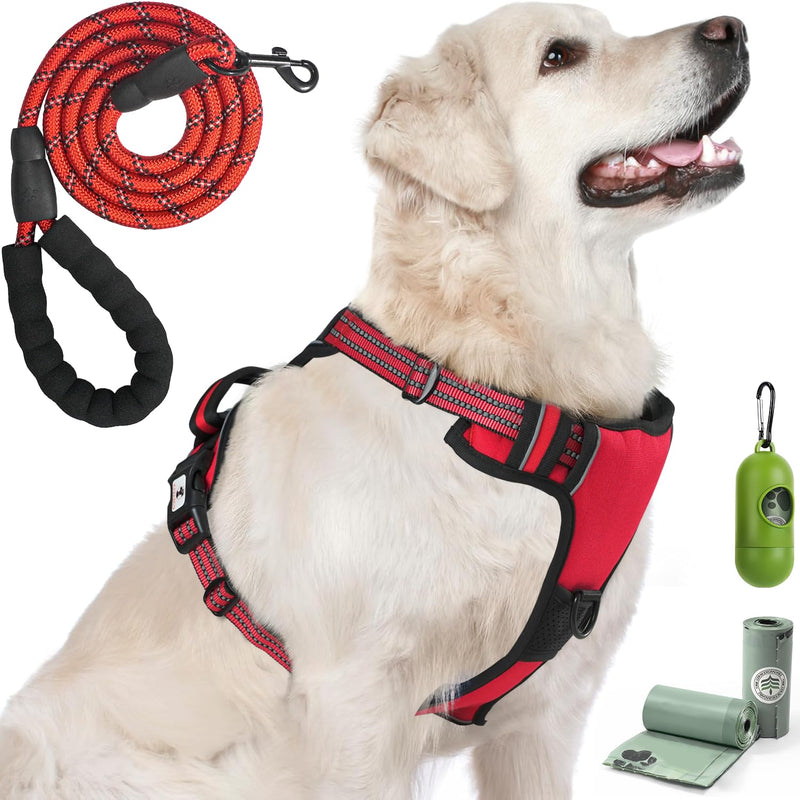 kazazoo Dog Harness, No-Pull Pet Breathable Harness, Adjustable Soft Padded Dog Vest with 2 Leash Clips, Reflective No-Choke Pet, Easy Control Handle for Large Dogs, Red, S - PawsPlanet Australia
