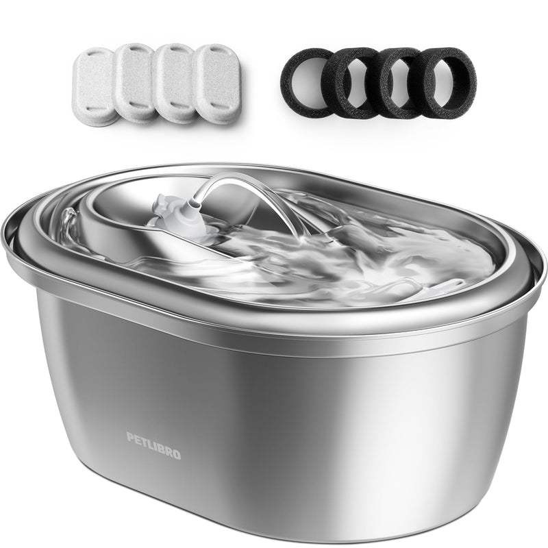 PETLIBRO Stainless Steel Cat Water Fountain, 101oz/3L Pet Water Fountain for Cats Inside, Food-Grade Dog Water Fountain, Automatic Water Dispenser with 4 Filters & 4 Sponges Fountain+4 Filters - PawsPlanet Australia
