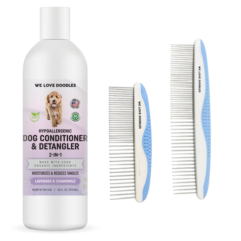 We Love Doodles Dog Conditioner & Grooming Set- 2-in-1 Lavender and Chamomile Conditioner for Allergies & Itching, Removes Tangles & Matts, Dematting Pet Combs, Detangler for Matted Hair