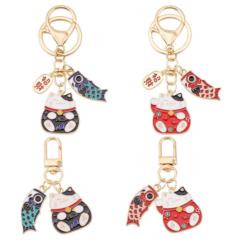 4 Pcs 4 Styles Lucky Cat Keychains, Flat Lucky Cat Charms Japanese Style Alloy Hanging Kitty Pendants for Car Bag Hanging Ornaments - PawsPlanet Australia