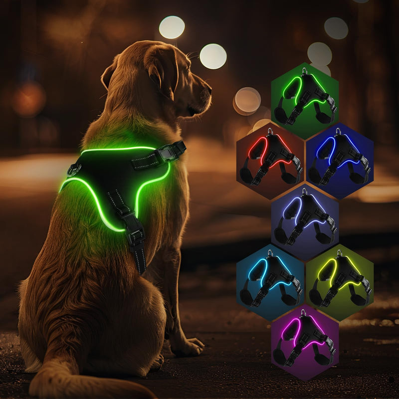 Light Up Dog Harness No Pull Dog Harness Rechargeable Lighted Pet Vest Harness for Night Walking, Reflective Dog Vest Glow Dog Collar, Adjustable Soft Padded Leash, 7 Colors Changing, 3 LED Modes (S) S - PawsPlanet Australia