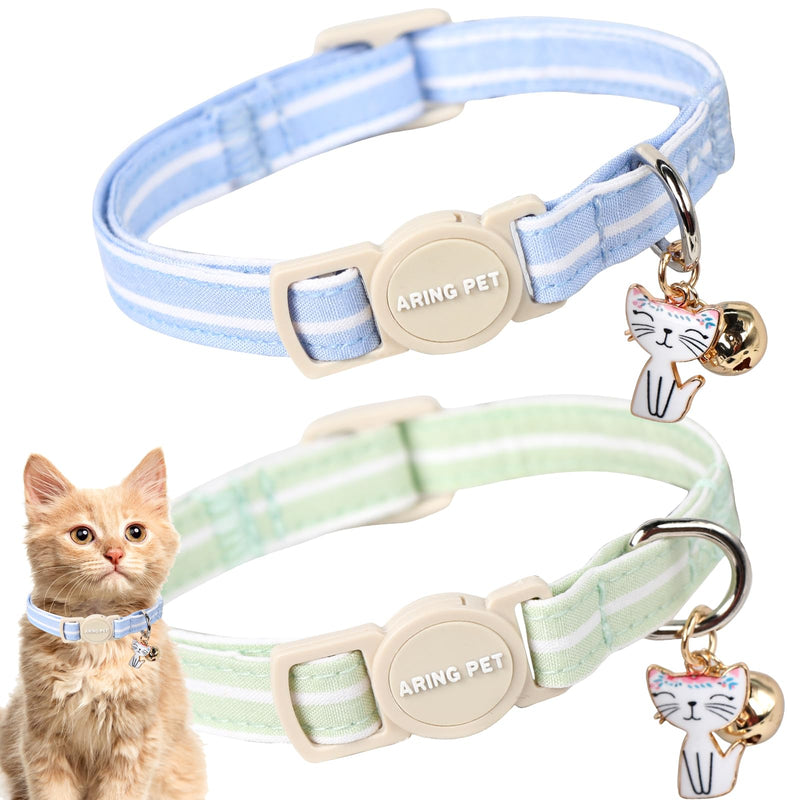 ARING PET 2 Pack Cat Collar-Cute Cotton Cat Collar with Bell & Pendant, Adjustable Blue Green Striped Kitten Collars with Safety Buckle for Girl and Boy Pets blue&green striped - PawsPlanet Australia