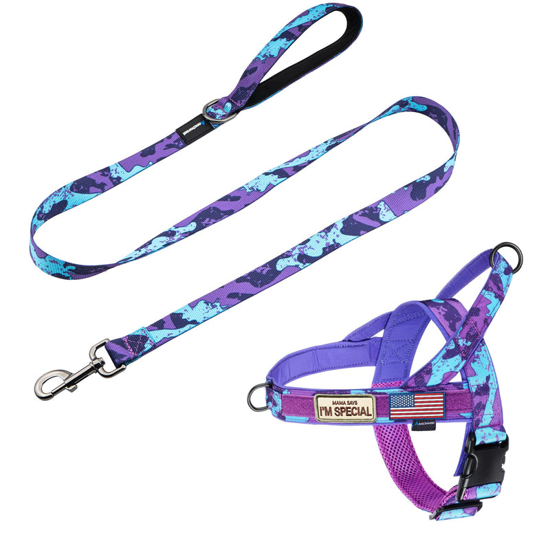 Annchwool No Pull Dog Harness with Padded Handle+5 Ft Leash,Escape Proof and Quick Fit to Adjust Dog Harness,Easy for Training Walking for Small & Medium and Large Dogs(Camo Purple Set,XL) XL Camo Purple Set - PawsPlanet Australia