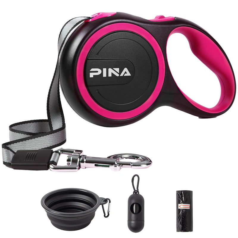 PINA Retractable Dog Leash, 26ft Dog Leash for Small Medium Large Dogs Up to 110lbs, 360° Tangle-Free Strong Reflective Nylon Tape, with Anti-Slip Handle, One-Handed Brake, Lock - Black Pink 26 ft - PawsPlanet Australia