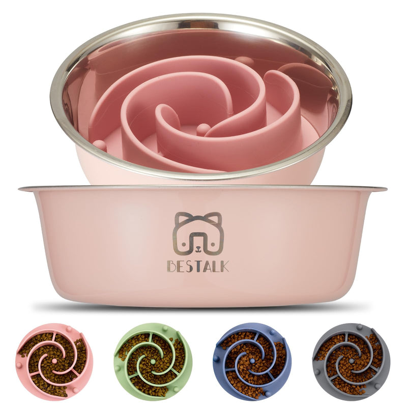 2-in-1 Metal Slow Feeder Dog Bowl, Bestalk Stainless Steel Dog Bowls with Silicone Slow Feeder Insert, Food Grade 304 Water Food Bowl with Anti-Slip Base for Small, Medium, Large Dogs 5 CUPS Pink - PawsPlanet Australia