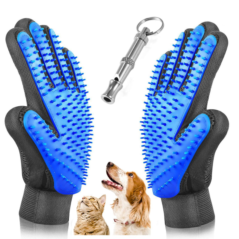 Pet Grooming Glove - Gentle Deshedding Brush Glove - Efficient Pet Hair Remover Mitt - Massage Tool Enhanced Five Finger Design - Perfect for Dogs & Cats with Long & Short Fur with Training Whistle - PawsPlanet Australia