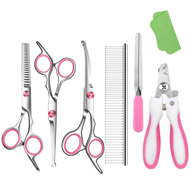 Dog Grooming Scissors with Safety Round Tip Pet Grooming scissors Kit Dog Shears kit Incudes Thinning Curved Straight Grooming Scissors Nail Clippers Nail File and Comb for dogs cats Pink 7 in 1 - PawsPlanet Australia