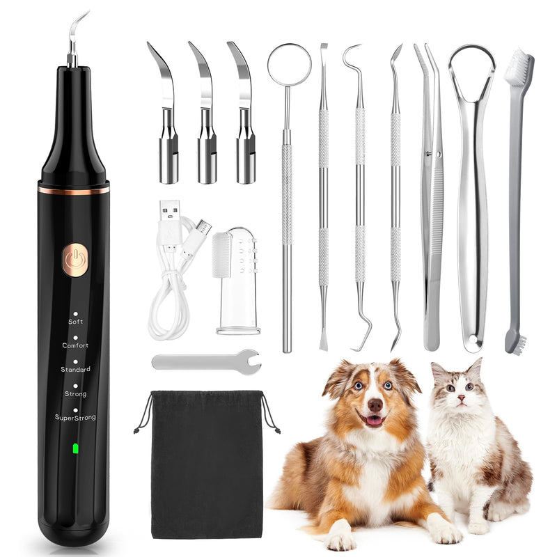 Dog Teeth Cleaning Kit 12-in-1, Pet Ultrasonic Canine Plaque Remover for Teeth with LED Light, 5 Cleaning Mode, USB Charge Dog Toothbrush Tool with Dental Tools Scaler Scraper Black - PawsPlanet Australia
