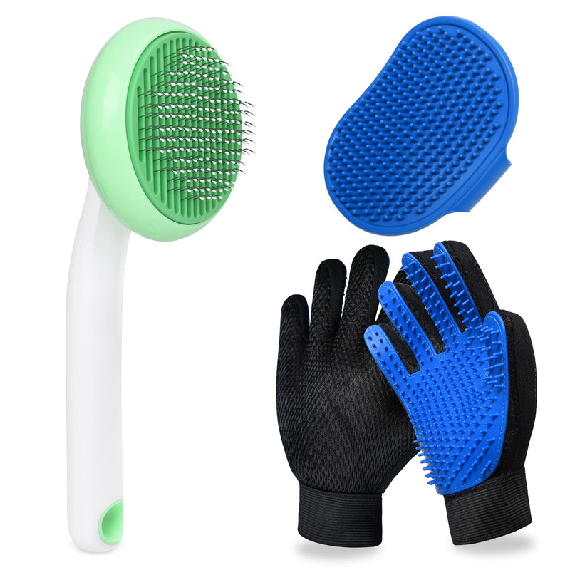 GJEASE Cat Grooming Glove Brush,Self-Cleaning Slicker Pet Brush for Short and Long Haired Pets,Dog Bath Brush for Shedding and Grooming,Removes Loose Hair and Tangles,Promote Circulation Round Flower-Green - PawsPlanet Australia