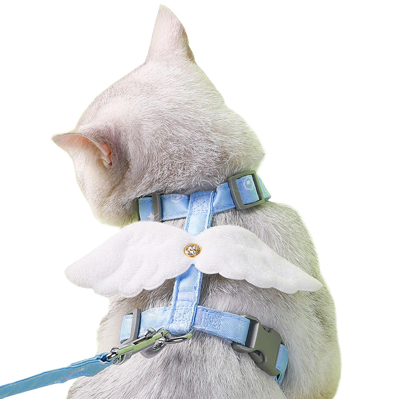Cat Harness and Leash Set White Wing for Outdoor Travel Walking Escape Proof Soft Safe Adjustable Kitten Puppy Small Strap Angel Style, Blue S Blue Wing