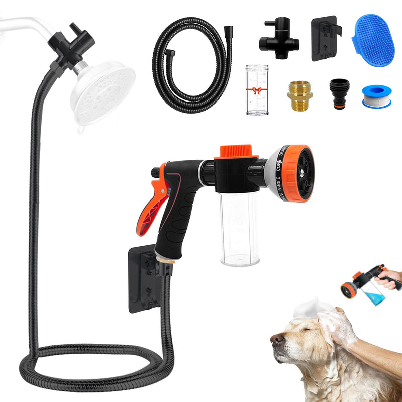 Dog Washing Hose Attachment for Pet Bathing with Black Shower Diverter, Pup Dog Wash Hose Nozzle Shampoo Sprayer for Indoor Outdoor Pet Shower, Dog Shower Attachment with Dog Brush - PawsPlanet Australia