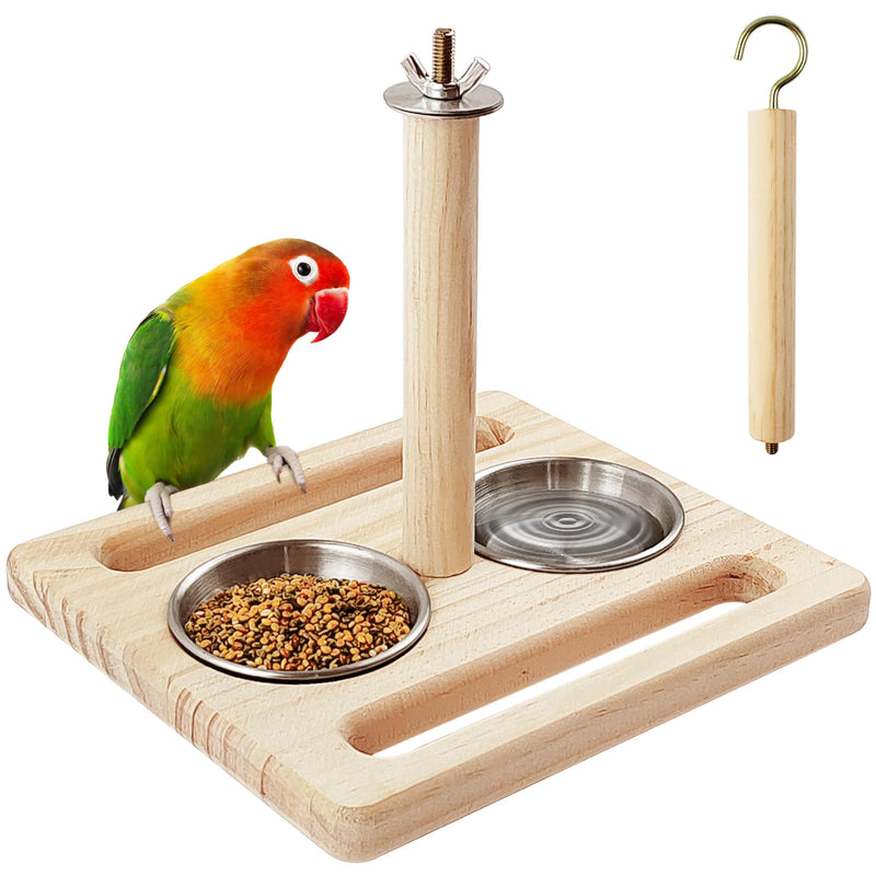 Bird Perch with Stainless Steel Feeding Bowl Cups,Parrot Wood Perch Stand Toy,Bird Cage Accessory,Parakeet Supplies for Parakeet Lovebird Cockatiel Conure Budgie Small Parrots (Large size) - PawsPlanet Australia