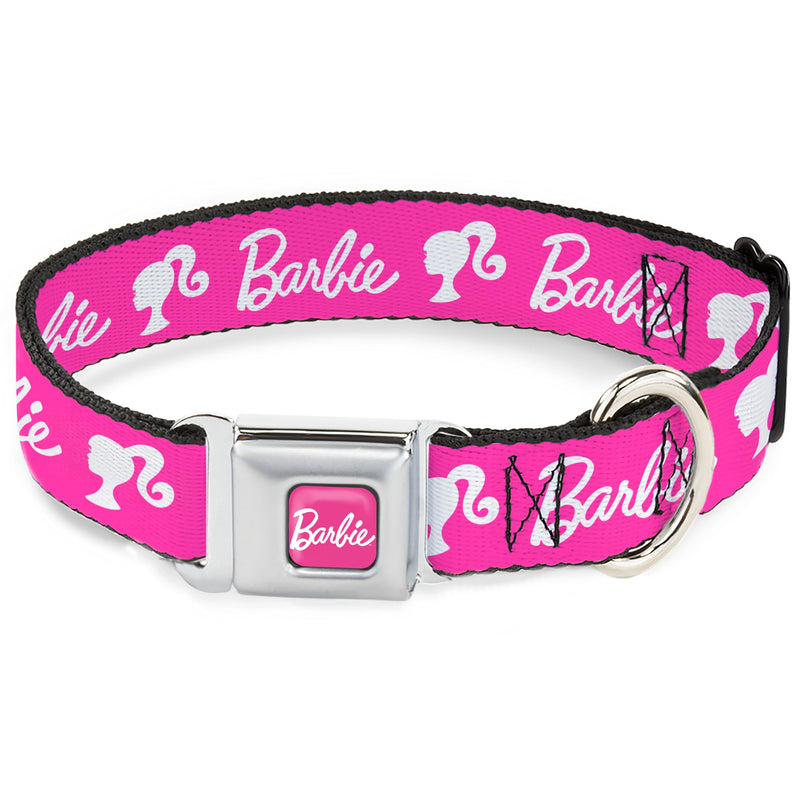 Mattel Easy Adjustable Metal Seatbelt Buckle Quick Release Dog Collar, Barbie Script Signature Logo and Silhouette Hot Pink White, 16 to 23 Inches 1.5 Inch Wide 1.5" Wide - Fits 16-23" Neck - Medium - PawsPlanet Australia