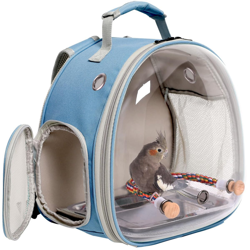 Small Bird Travel Backpack Carrier Cage, Backpack to Transport Backpack Carrier with Metal Tray Stand Perch for Parakeet Cockatiel Budgies Vet Carry Bag Blue Clear Bubble - PawsPlanet Australia