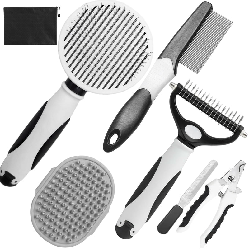 Dog Brush for Shedding, 7 PCS Dog Grooming Brush Kit, Undercoat Rake, Slicker Brush, Deshedding Comb, Bath Brush, Nail Clipper for Long & Short Haired Dogs & Cats, Black A-Black
