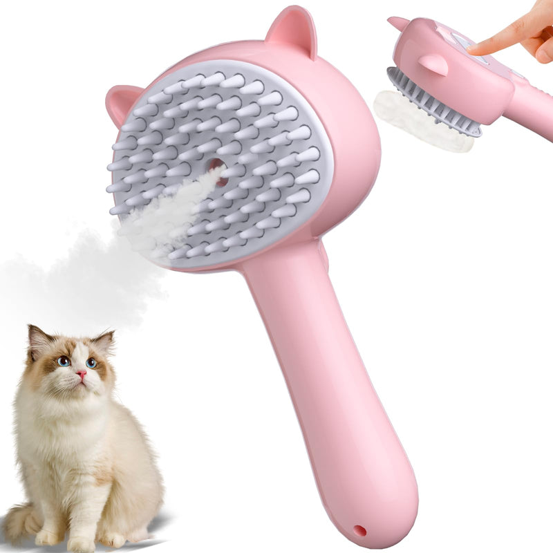 KALAMANDA Cat Steam Brush for Shedding, 4 in 1 Steamy Cat Brush with Handle, Rubber Pet Misting Brush with Release Button, Mist Dog Comb with Cleanser for Indoor Kittens Small Animals(Pink) - PawsPlanet Australia