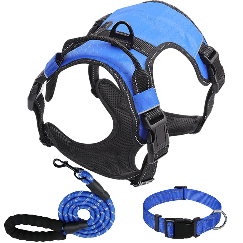 Dog Harness Set, No Pull Dog Vest Harness and 5ft Leash & Collar for Small Medium Sized Large Dog Cat,Adjustable Soft Nylon Padded Dog Vest Reflective Front Clip Vest with Easy Handle -Blue L Blue - PawsPlanet Australia