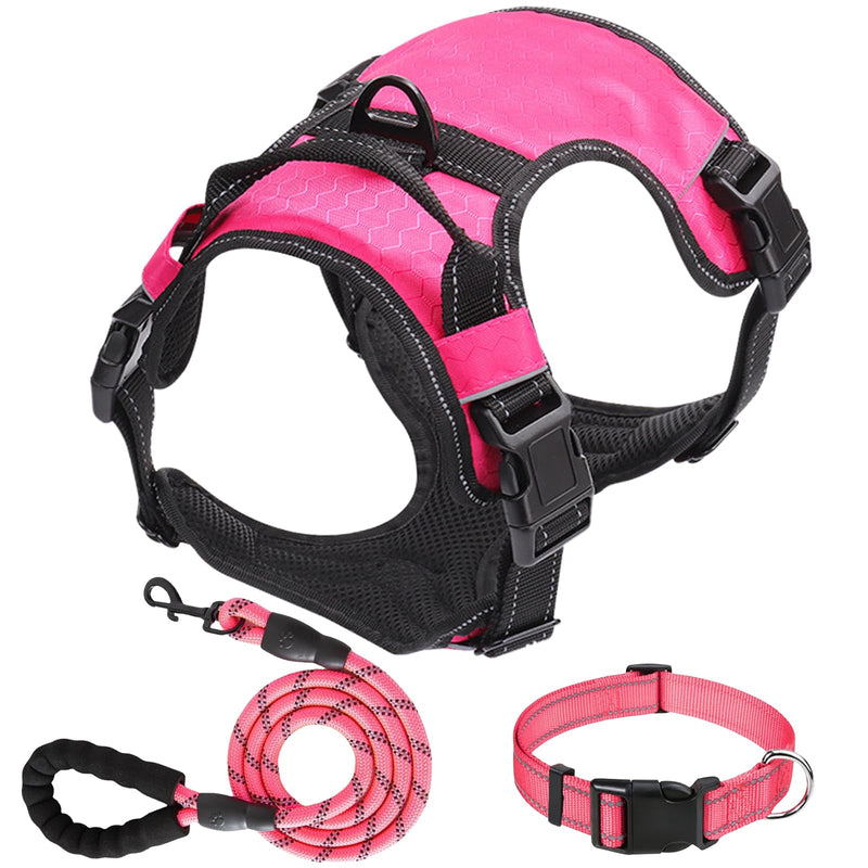 Dog Harness Set, No Pull Dog Vest Harness and 5ft Leash & Collar for Small Medium Sized Large Dog Cat,Adjustable Soft Nylon Padded Dog Vest Reflective Front Clip Vest with Easy Handle -Pink M Pink - PawsPlanet Australia