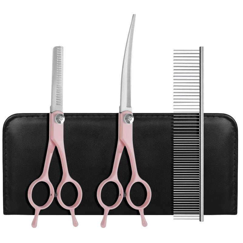 Professional Dog Grooming Scissors Set, 4 in 1 Dog Grooming Scissors Kit, Curved Dog Scissors Pet Thinning Shears, Pink Candy Pink - PawsPlanet Australia