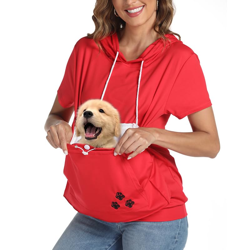 jessie Kangaroo Pouch Hoodie Summer Cat Pouch Hoodie Short Sleeve Hoodie With dog pouch (Red,Xl) - PawsPlanet Australia