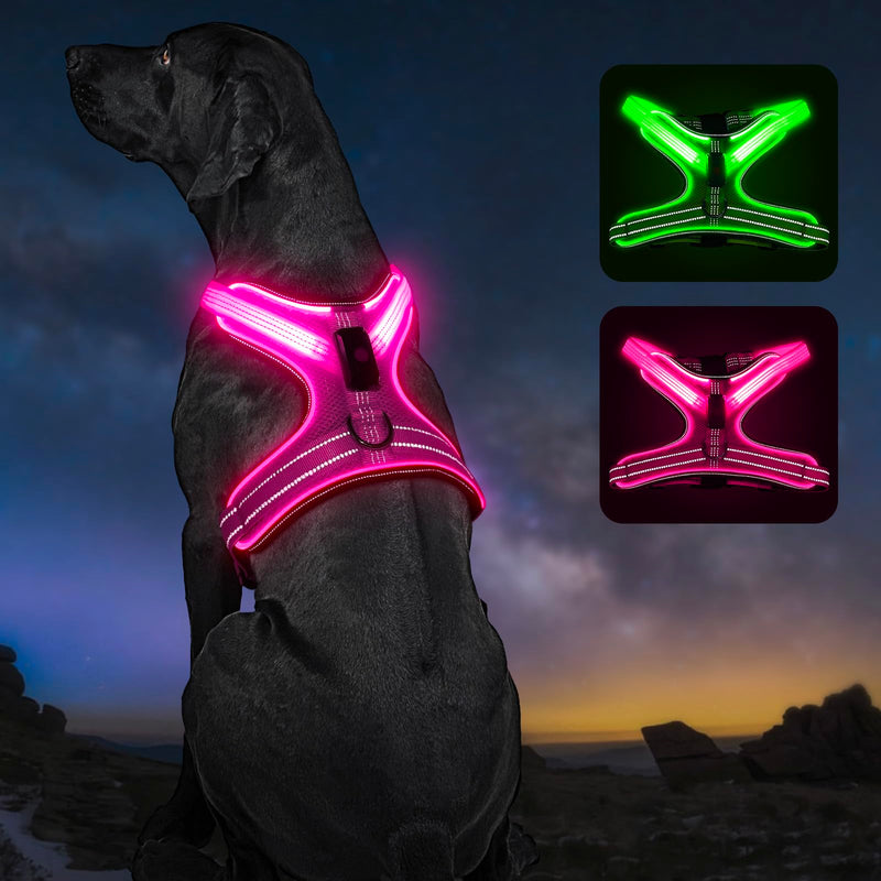 Light Up Dog Harness, Rechargeable Led Dog Harness with Battery Level Indicator, Adjustable Reflective Safety Vest for Night Walking, Soft Mesh Lighted Harness for Medium Large Dogs(5-90lbs) L Pink - PawsPlanet Australia