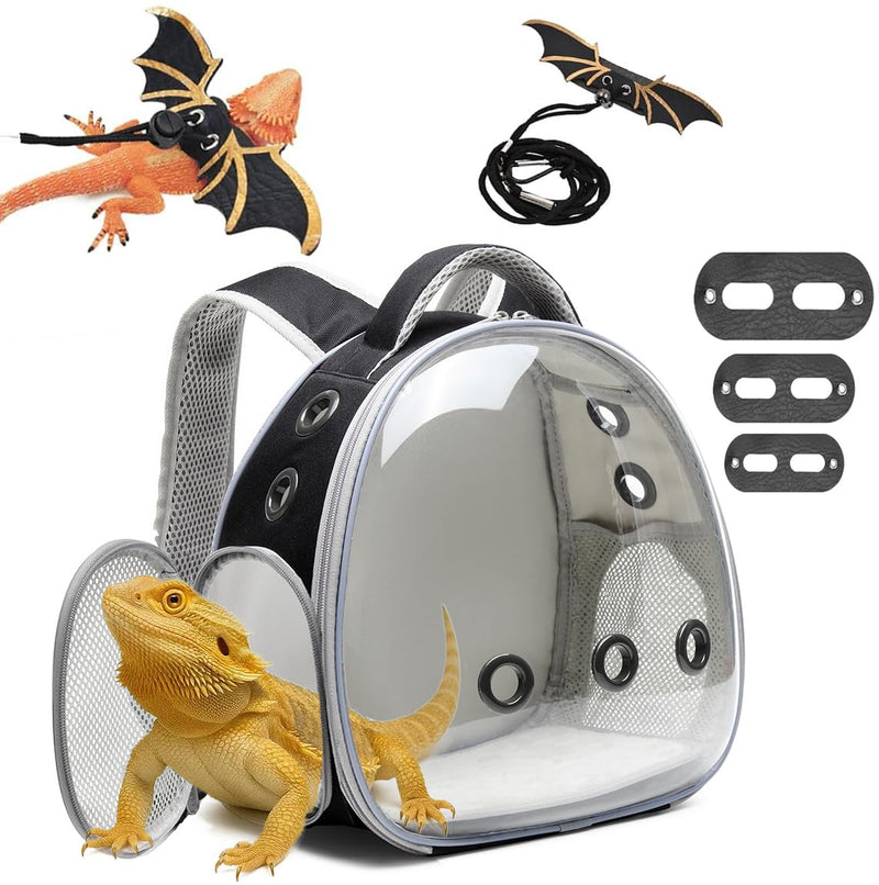 Bearded Dragon Lizard Backpack Carrier with Harness and Leash Set, Small Animal Carrier Backpack, Space Capsule Bubble Window, Small Pet Carrier Backpack, Airline Approved (Black) Black Backpack+Harness Leash - PawsPlanet Australia
